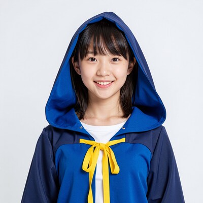 Smiling Japanese girl in blue hooded robe