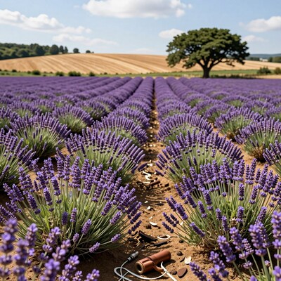 Lavender Field with Vintage Camera