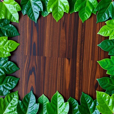 Green leaves frame on dark wood
