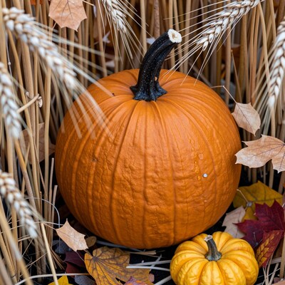 Autumn Pumpkin with Wheat and Leaves