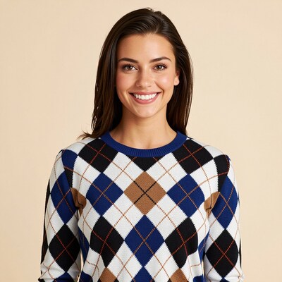 Smiling Woman in Argyle Sweater