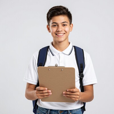 Smiling teenage boy with backpack and clipboard