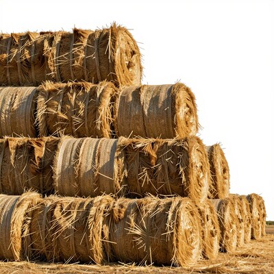 Stacked Hay Bales in Field