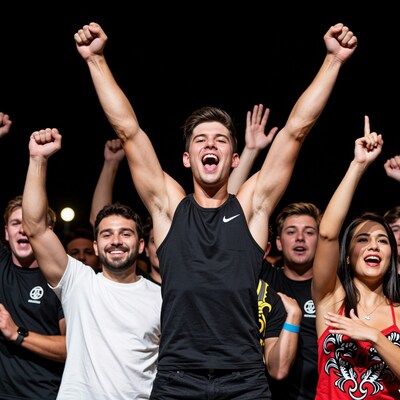 Excited Young Man Celebrating with Crowd
