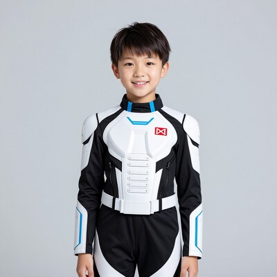 Young Asian Boy in Futuristic Armor Costume