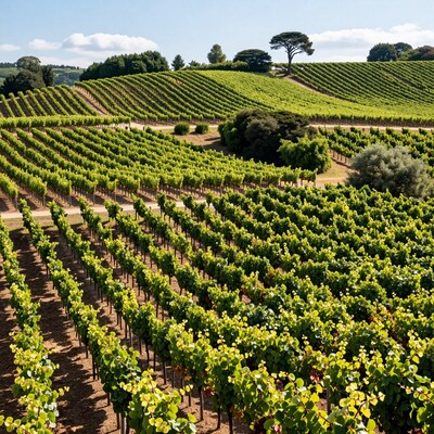 Vineyard Rows on Rolling Hills