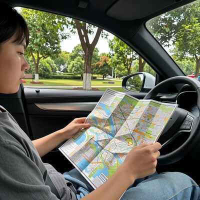 Woman Reading Map in Car