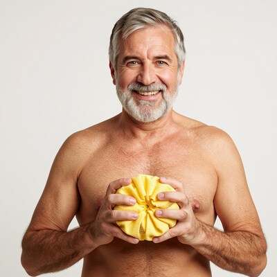 Smiling mature man holding yellow bath pouf