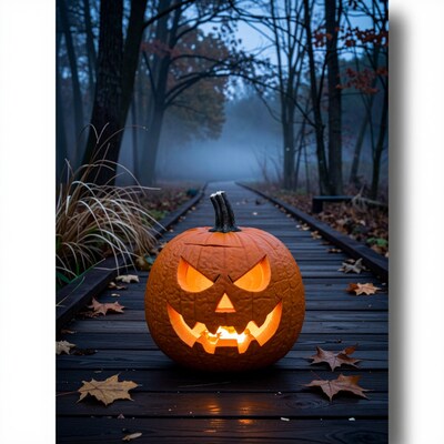 Jack O Lantern Pumpkin on Foggy Path