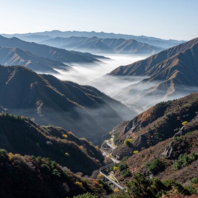 Winding Road Mountain Valley Fog