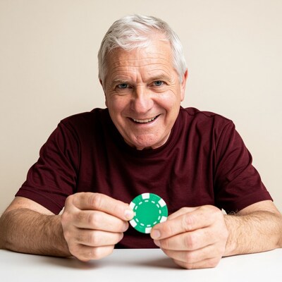 Smiling elderly man holding green poker chip
