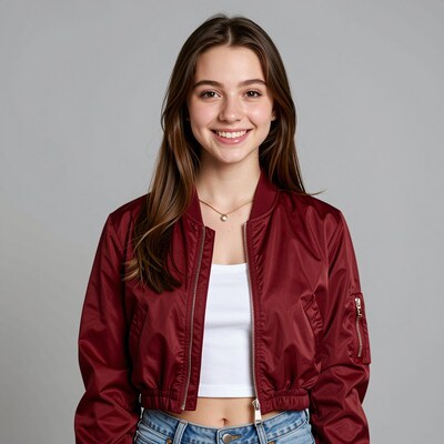 Smiling young woman in red bomber jacket