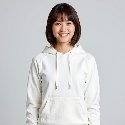 Smiling Asian woman in white hoodie