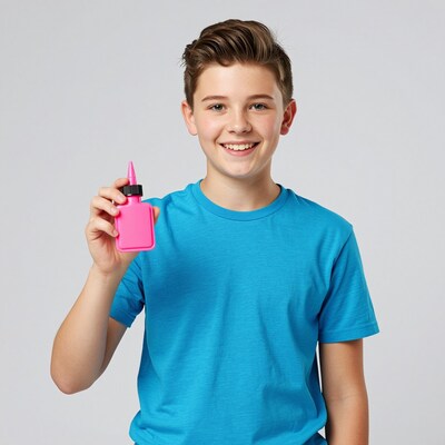 Smiling boy holding pink glue bottle