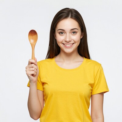 Smiling woman holding wooden spoon