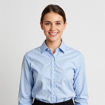 Smiling woman in blue shirt