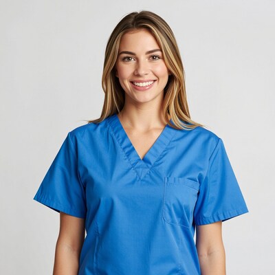 Smiling female nurse in blue scrubs