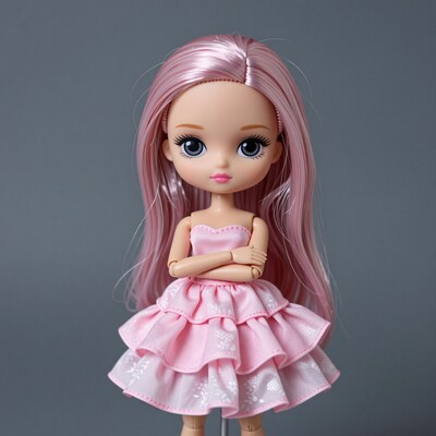 Pink-haired doll in frilly dress