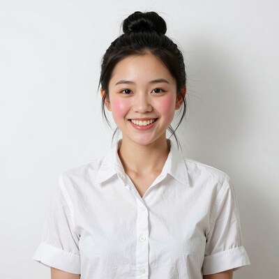 Smiling Asian woman with top knot bun