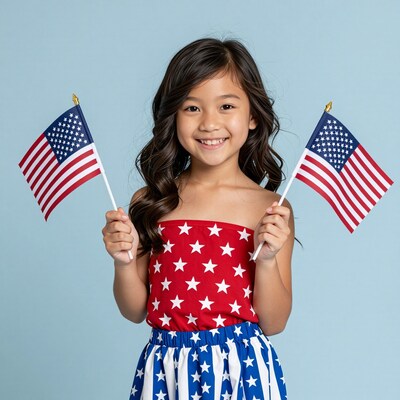 Young Asian girl with American flags