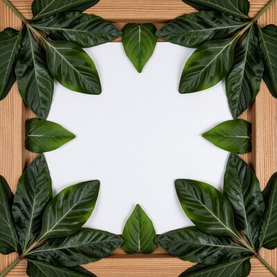 Green Leaves Frame on Wood