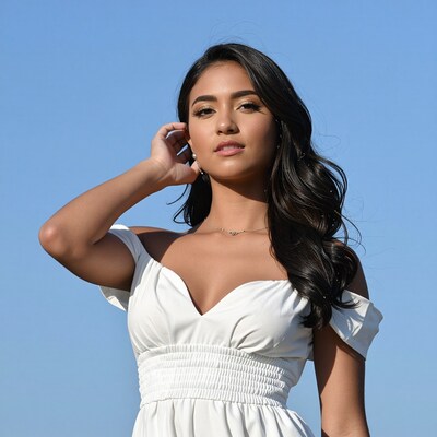 Young Latina woman in white dress