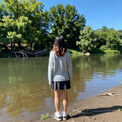 Girl by River in Forest