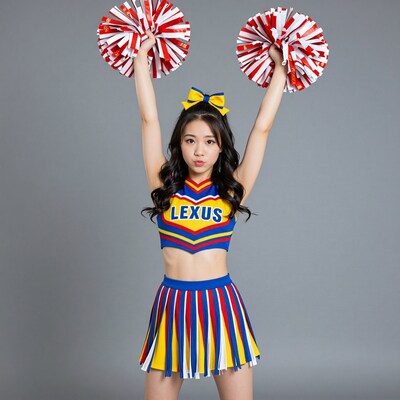 Asian Cheerleader with Pom Poms