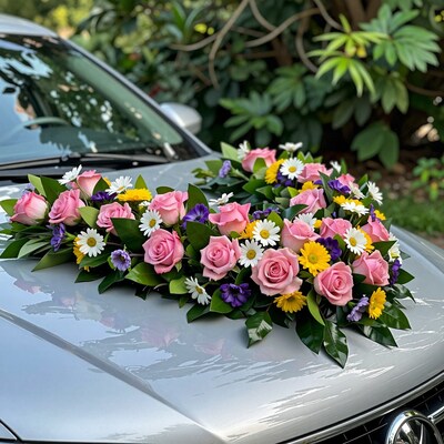 Colorful Wedding Car Hood Floral Arrangement