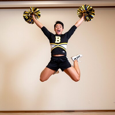 Asian male cheerleader jumping