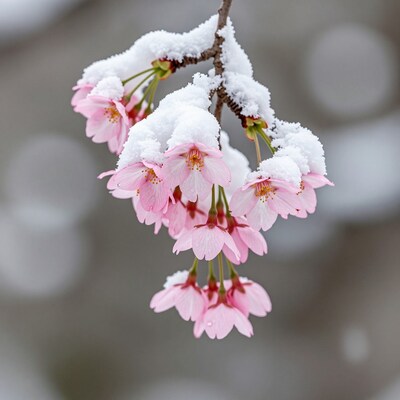 Pink cherry blossoms in snow