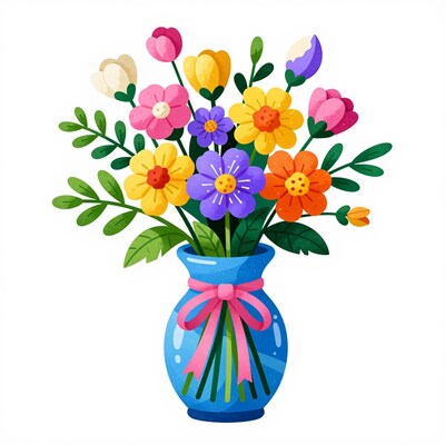 Colorful Flower Bouquet in Blue Vase