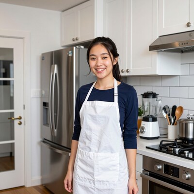 Smiling Asian Woman in Kitchen Apron
