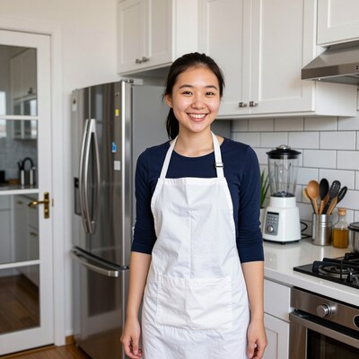 Smiling Asian Woman in Kitchen Apron