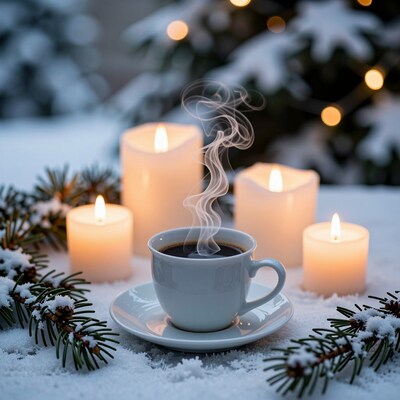 Hot Coffee in Snow with Candles
