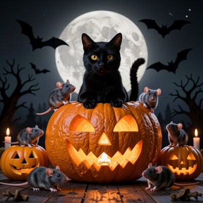 Black Cat on Halloween Pumpkin with Mice