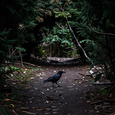 Black Raven on Forest Path