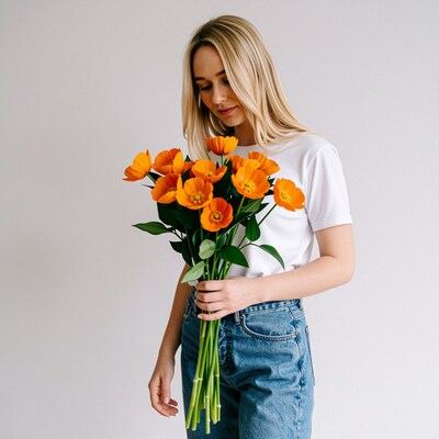 Blonde woman holding orange poppies