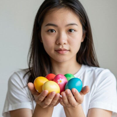 Asian woman holding colorful Easter eggs