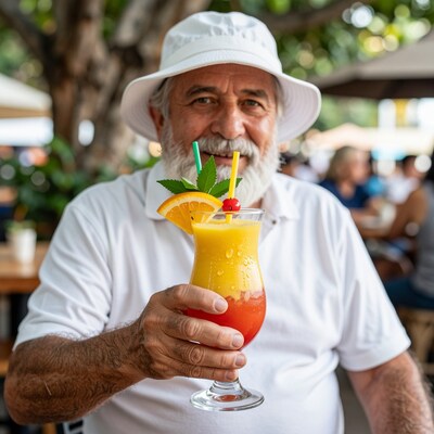 Elderly man with tropical cocktail