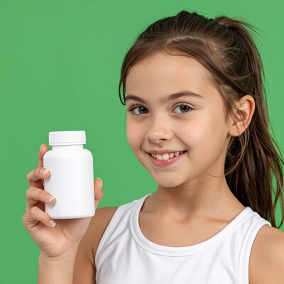 Girl holding white pill bottle
