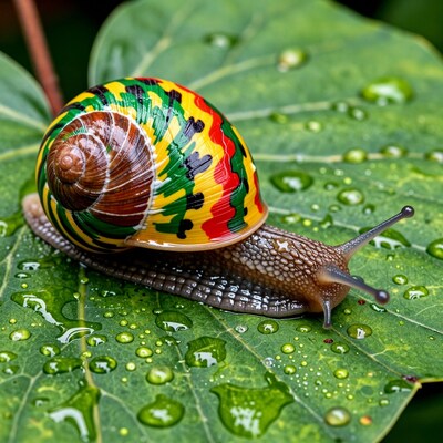 Colorful Snail on Wet Leaf
