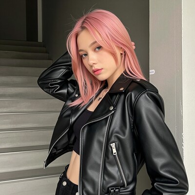 Pink Hair Woman in Black Leather Jacket