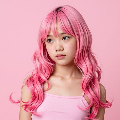 Young Asian girl with pink hair