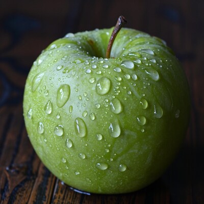 Green Apple with Water Drops