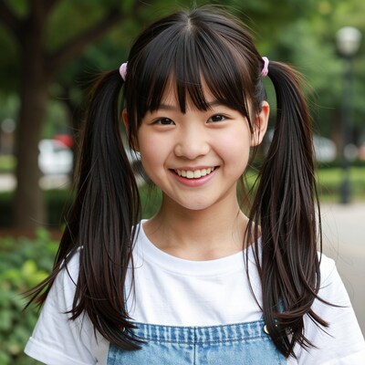 Smiling Asian Girl with Pigtails