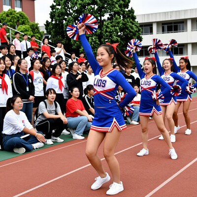 Asian cheerleaders performing