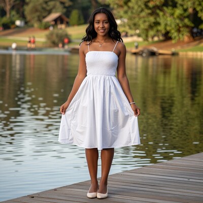 Young Black Woman in White Dress on Lake Dock
