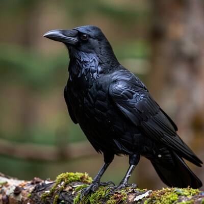 Black Raven Perched on Mossy Log