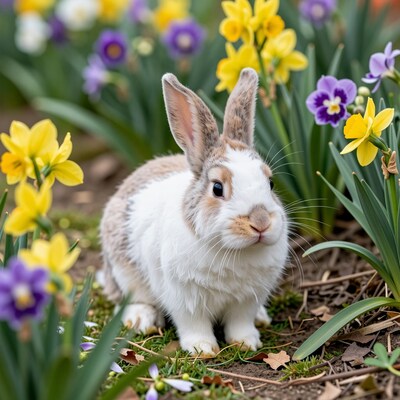 Cute Bunny with Spring Flowers